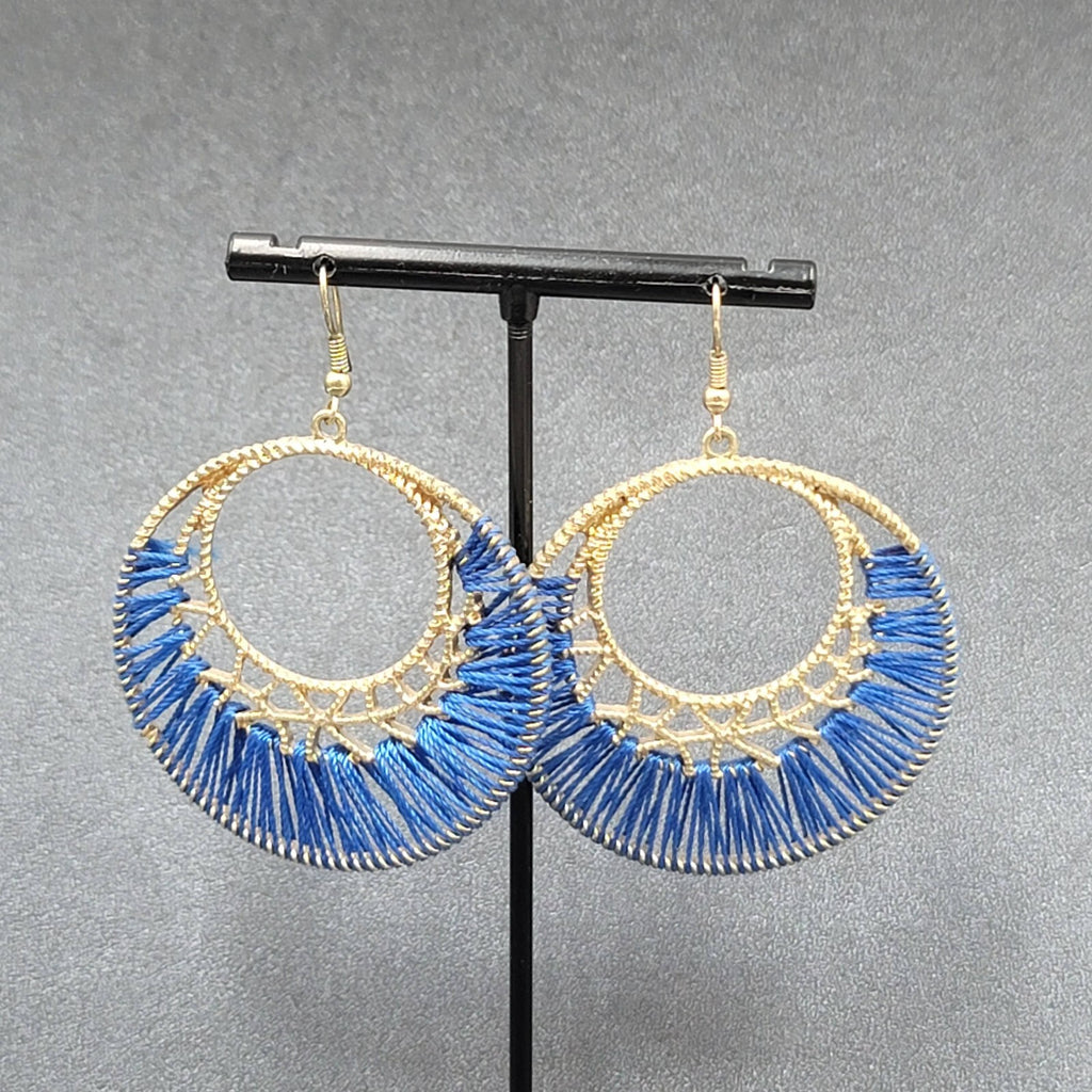 Pierced Earrings Gold tone Royal Blue String Art Dangle Hoops 1 7/8"
