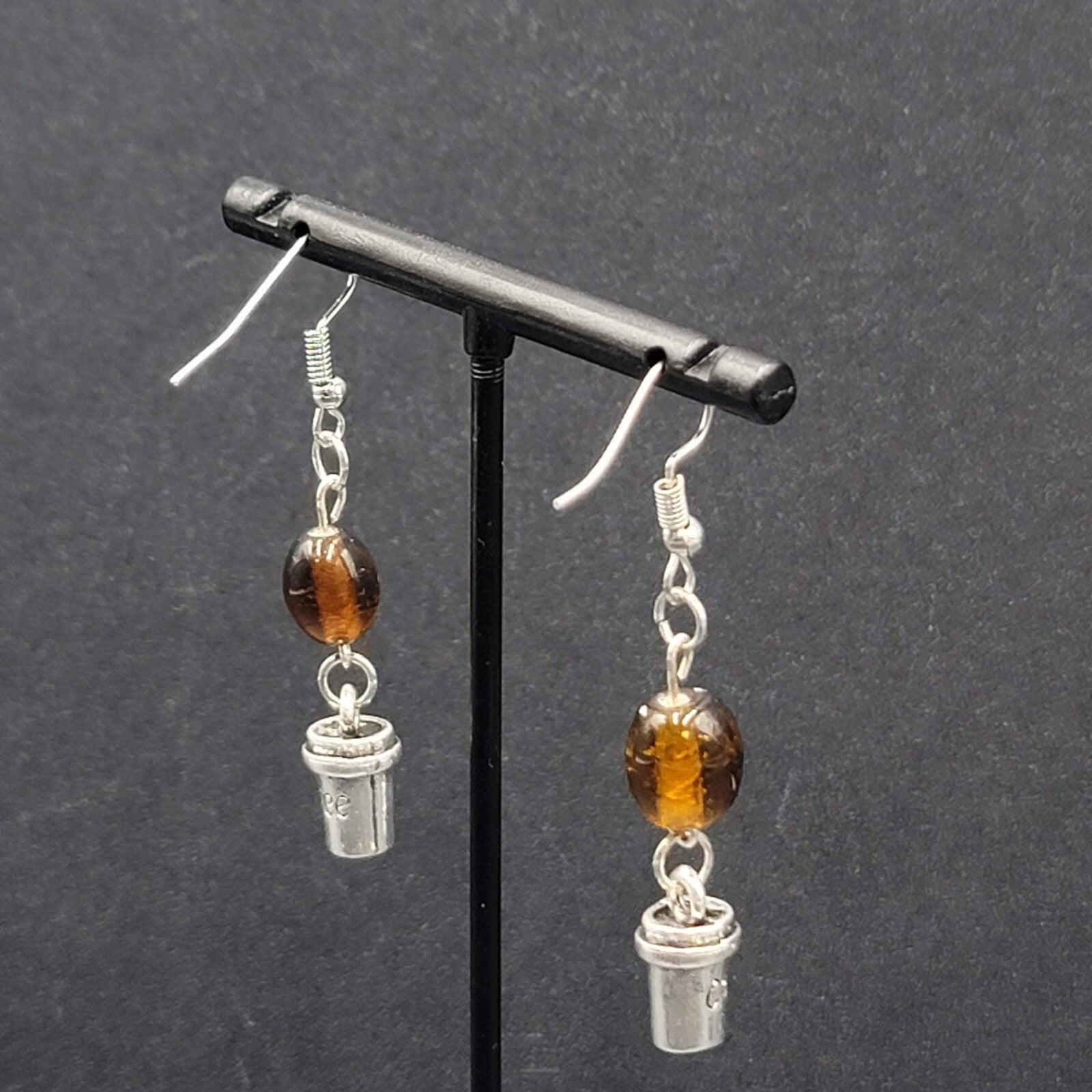 Coffee Pierced Earrings Silver tone Brown Glass Bead Dangle 1.25"