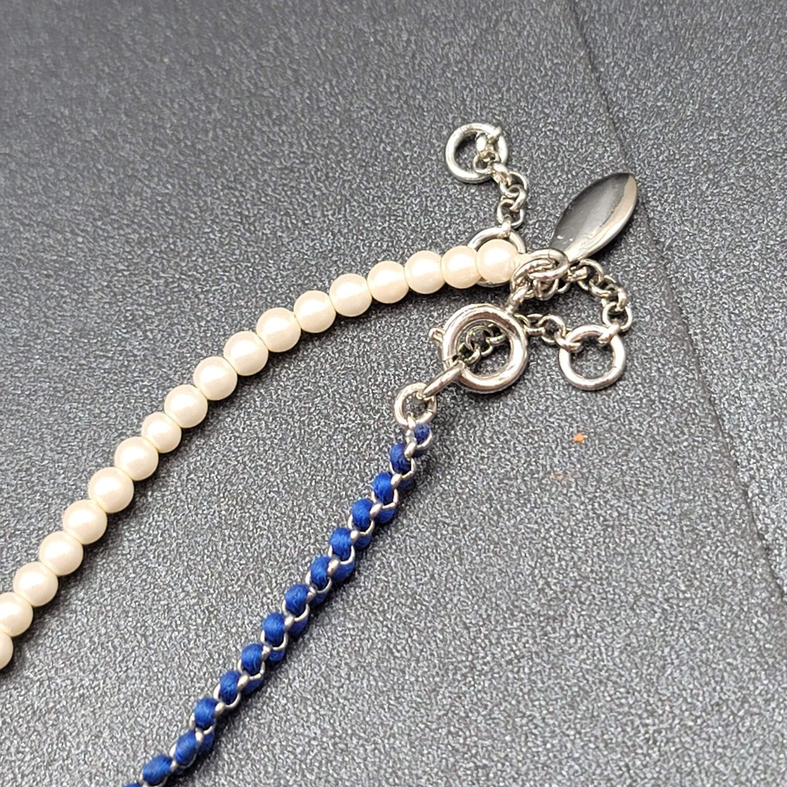 Ann Taylor Necklace Silver tone Chain Rhinestone Imitation Pearls Royal Blue 22"