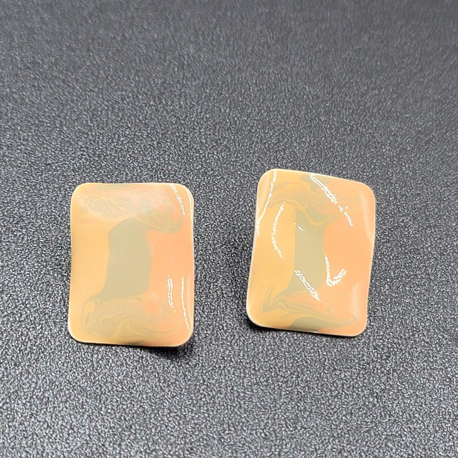 Vintage Pierced Earrings Peach Sage Enamel Rectangle Drop 1"