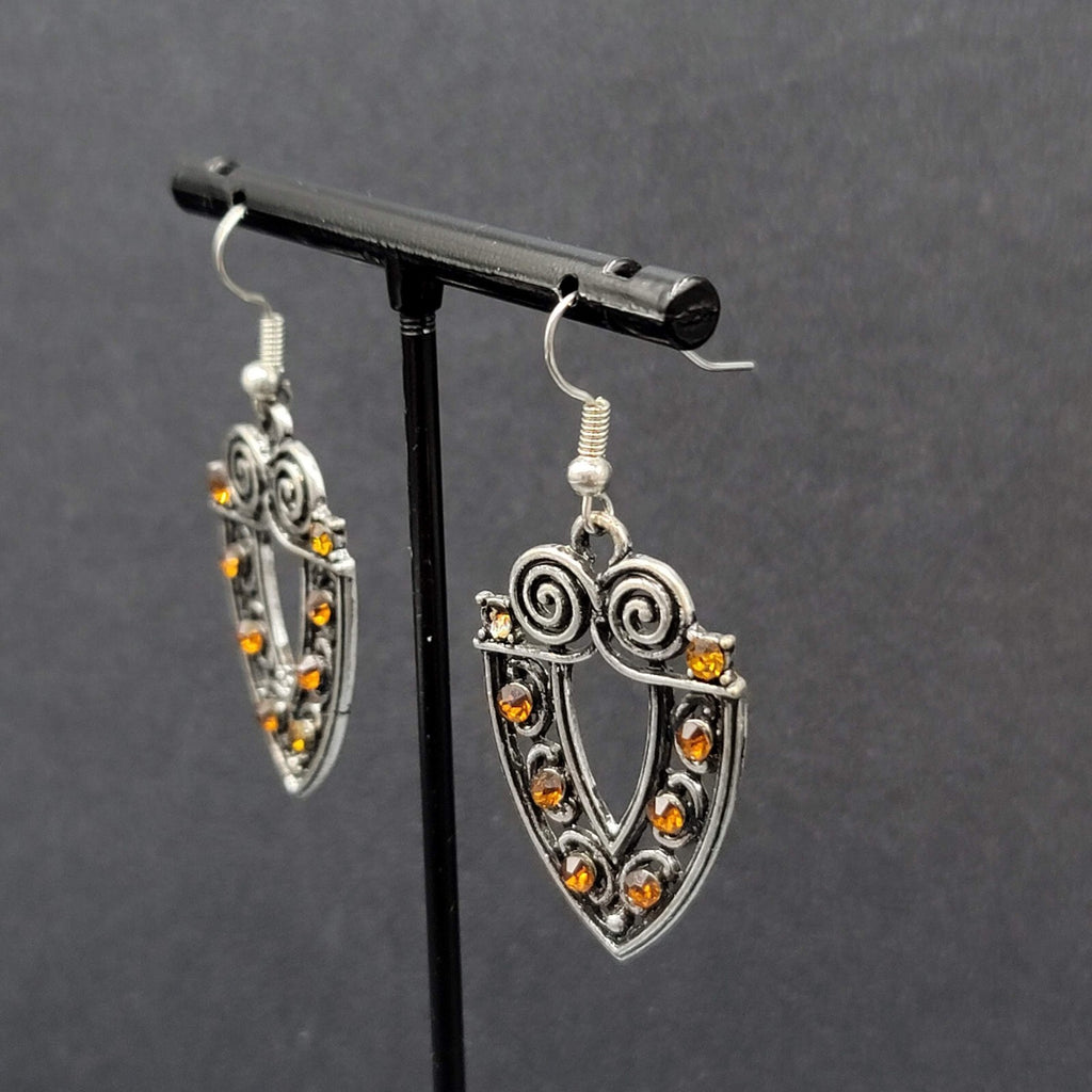 Pierced Earrings Silver tone Orange Rhinestone Dangle 1 3/8"