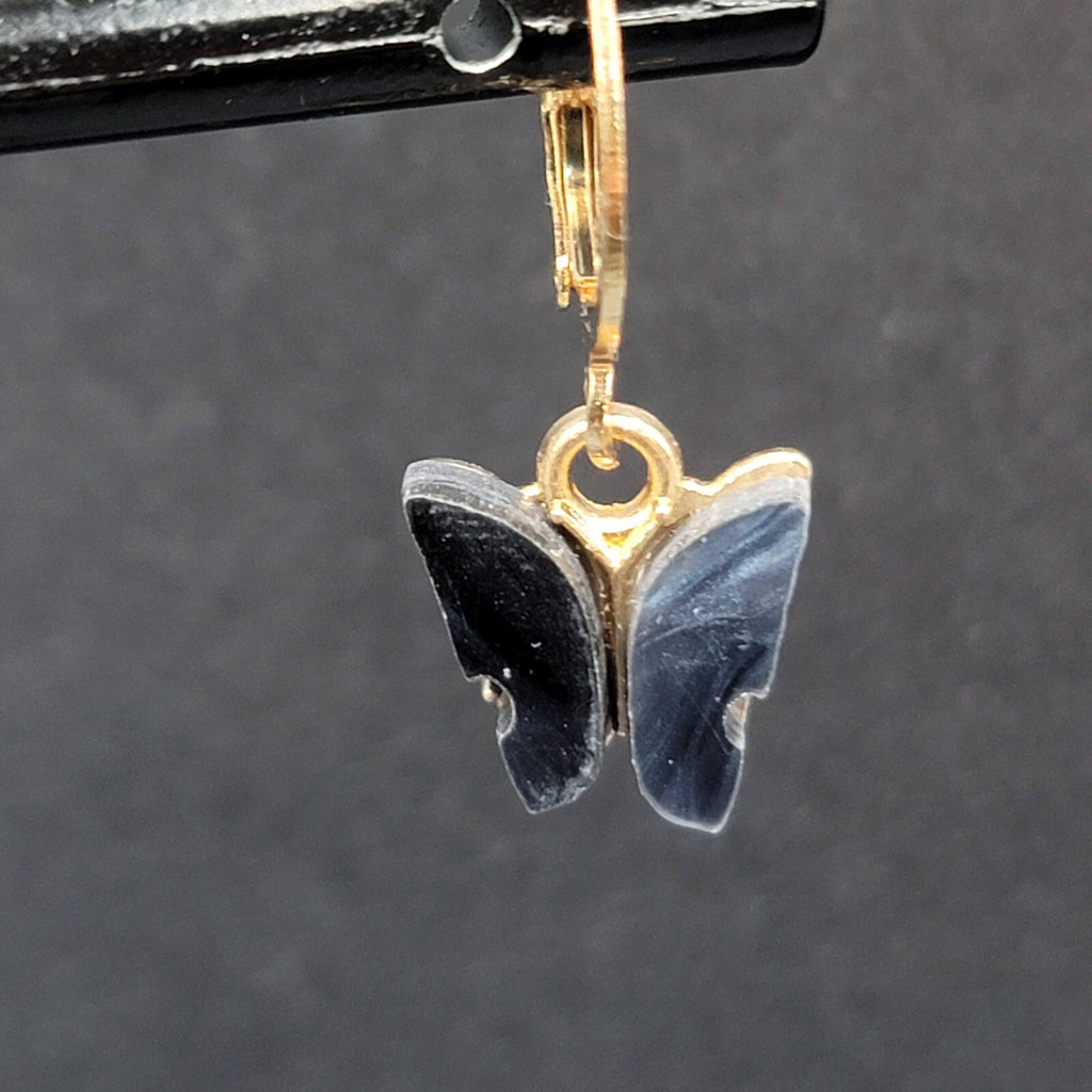New Pierced Earrings Gold tone Gray Resin Butterfly Dangle Huggie Hoops 1/2"