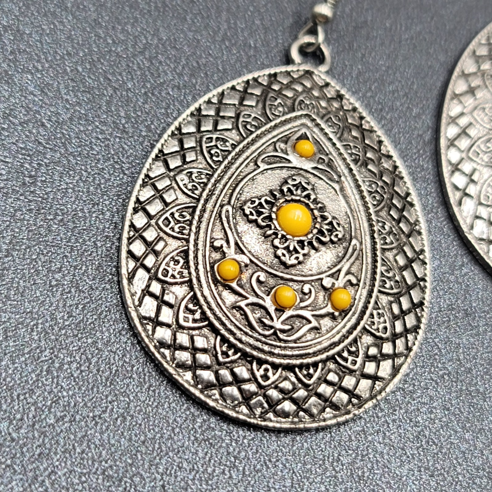 Pierced Earrings Silver tone Teardrop Medallion Yellow Accents Boho 1 7/8"