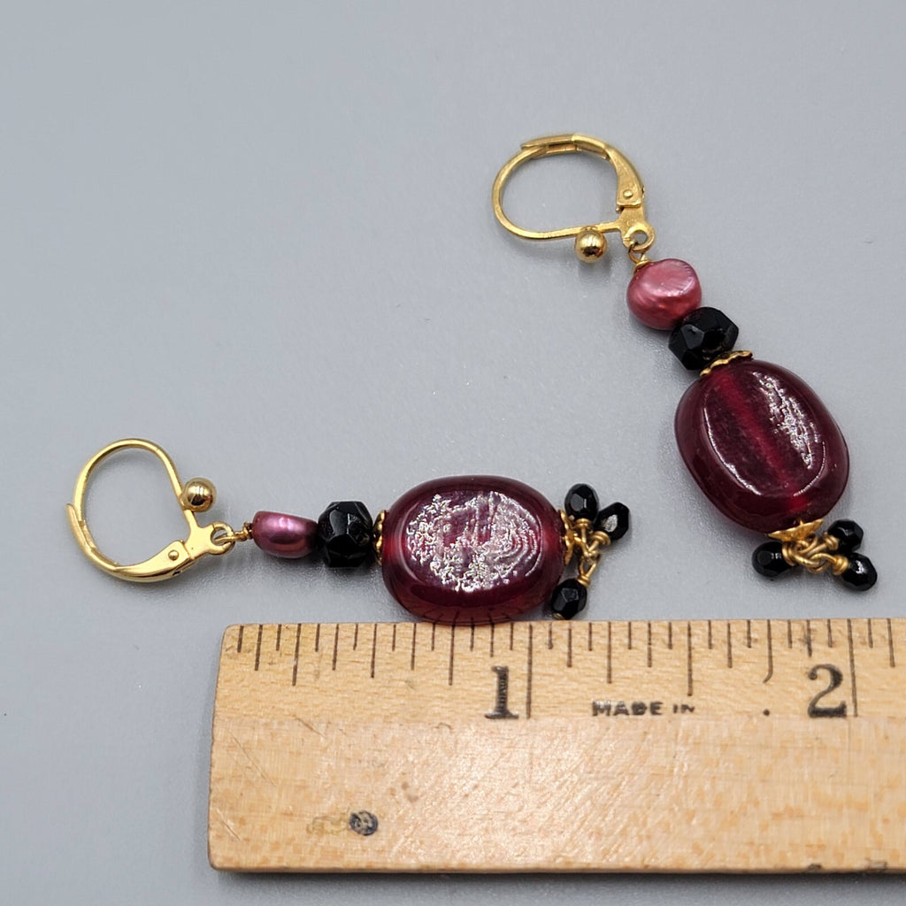 Red Glass Bead Pearl Pierced Earrings Gold tone Dangle 1.25"