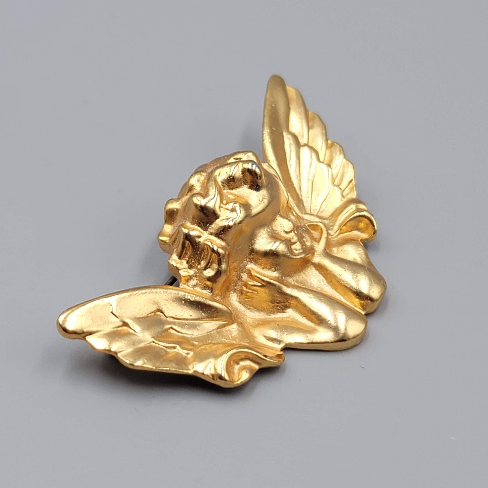 Vintage Cupid Angel Brooch Gold Plated 2.5" Wide Pin Estate Christmas