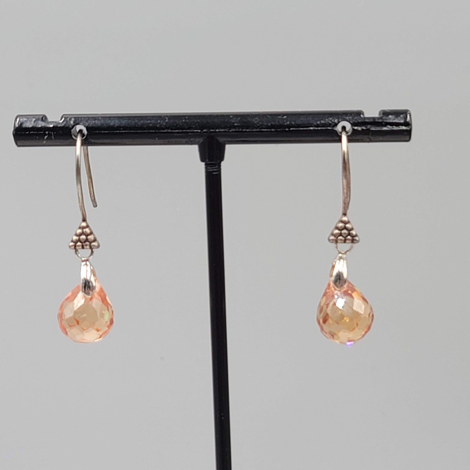 Crystal Teardrop Pierced Earrings Peach Silver tone Hooks 3/4"