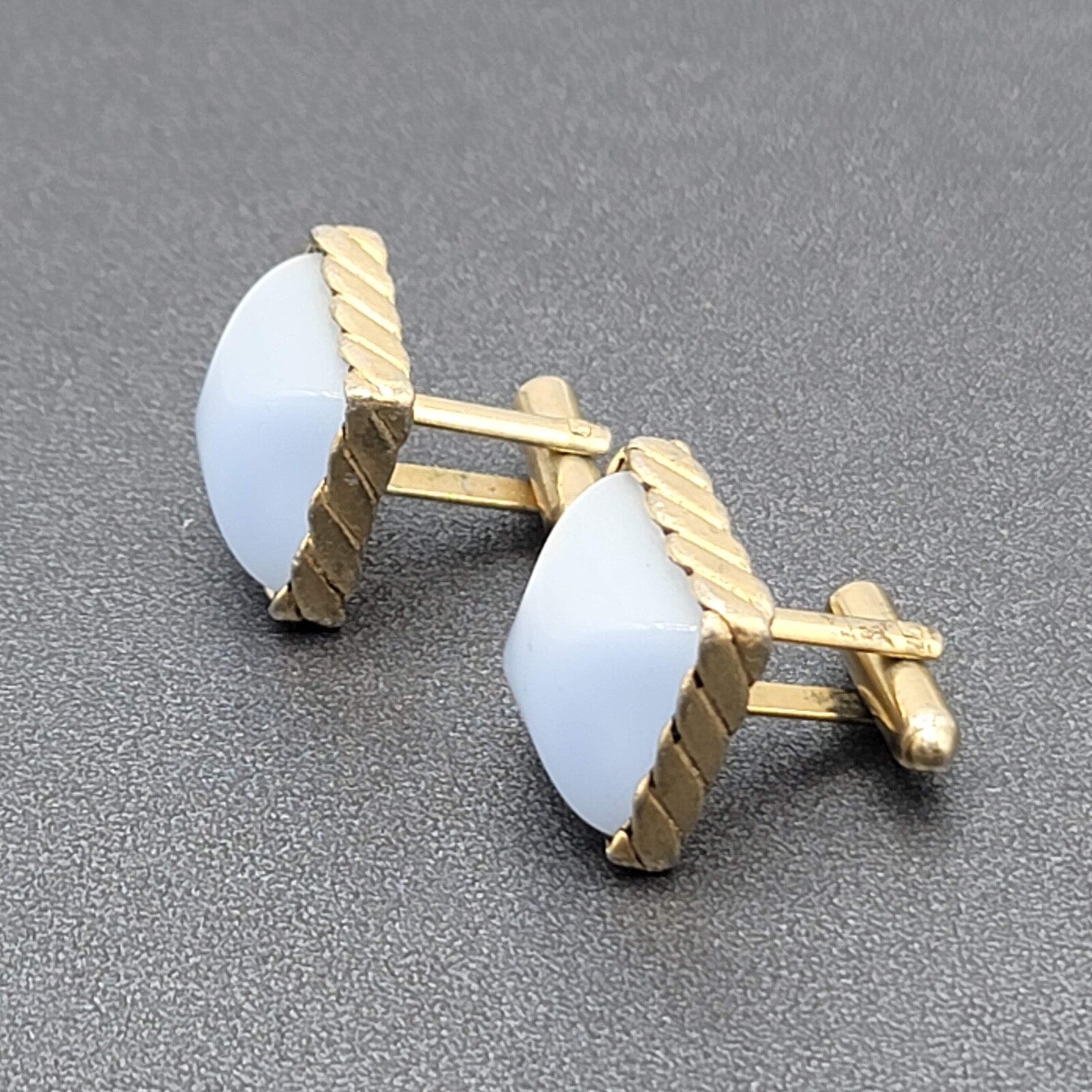 Vtg Cufflinks Gold tone Light Blue Chatoyant Domed Square Costume Mens Jewelry