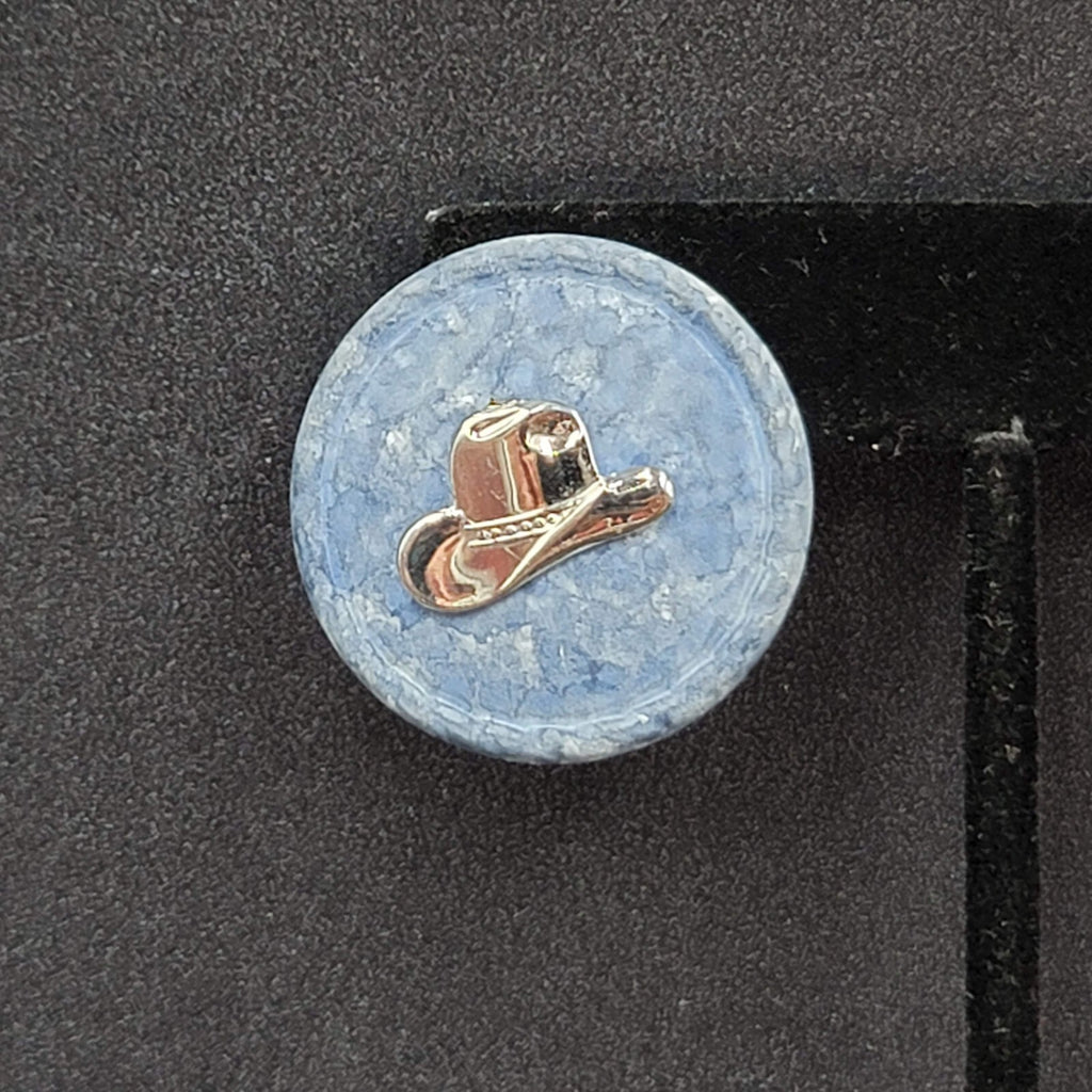 Vintage Pierced Earrings Blue Disc Western Cowboy Hat Silver tone 1 1/8"