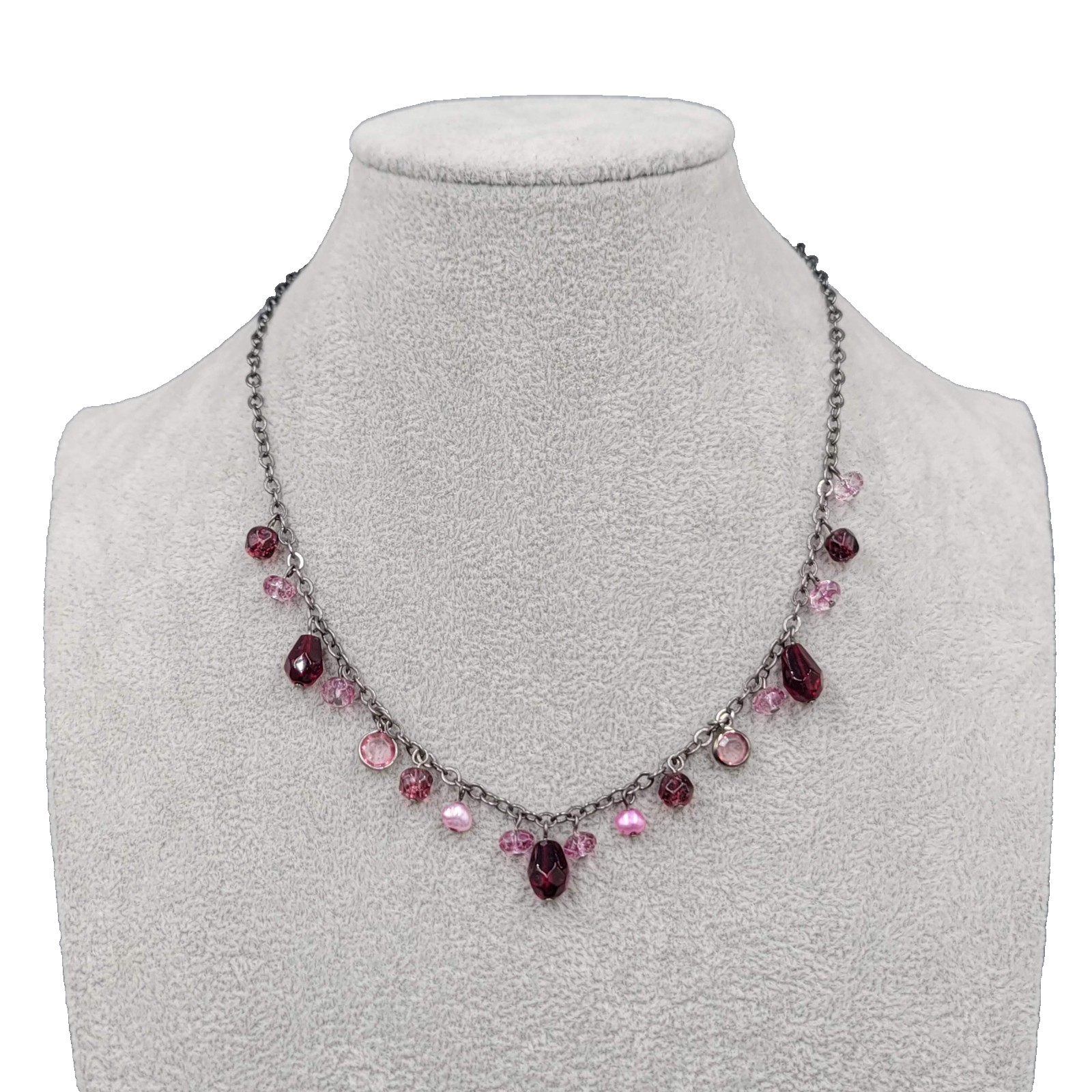 Purple Pink Bead Necklace Black Chain 16 in