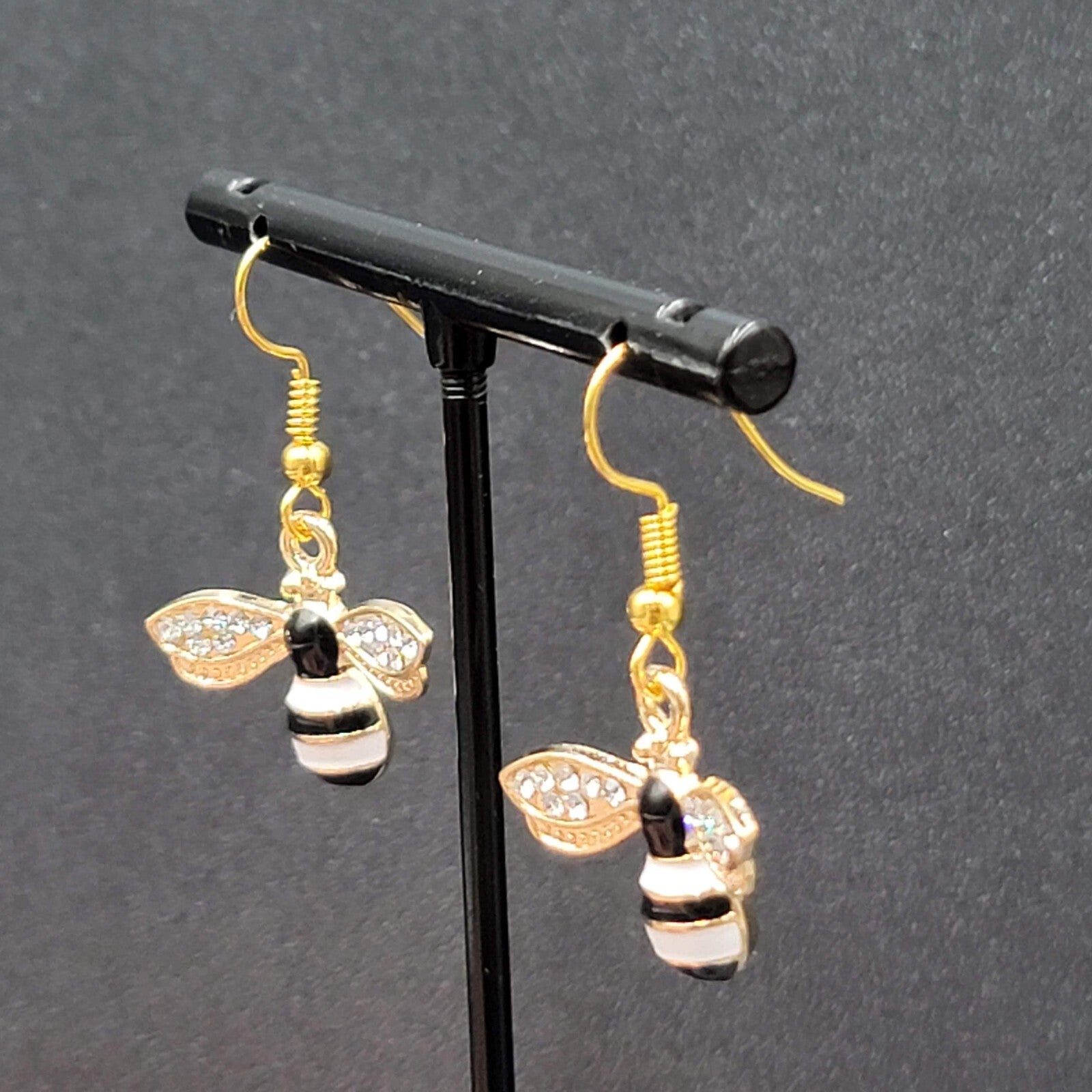 Bumble Bee Pierced Earrings Gold tone Rhinestone White Enamel Dangle New 5/8"
