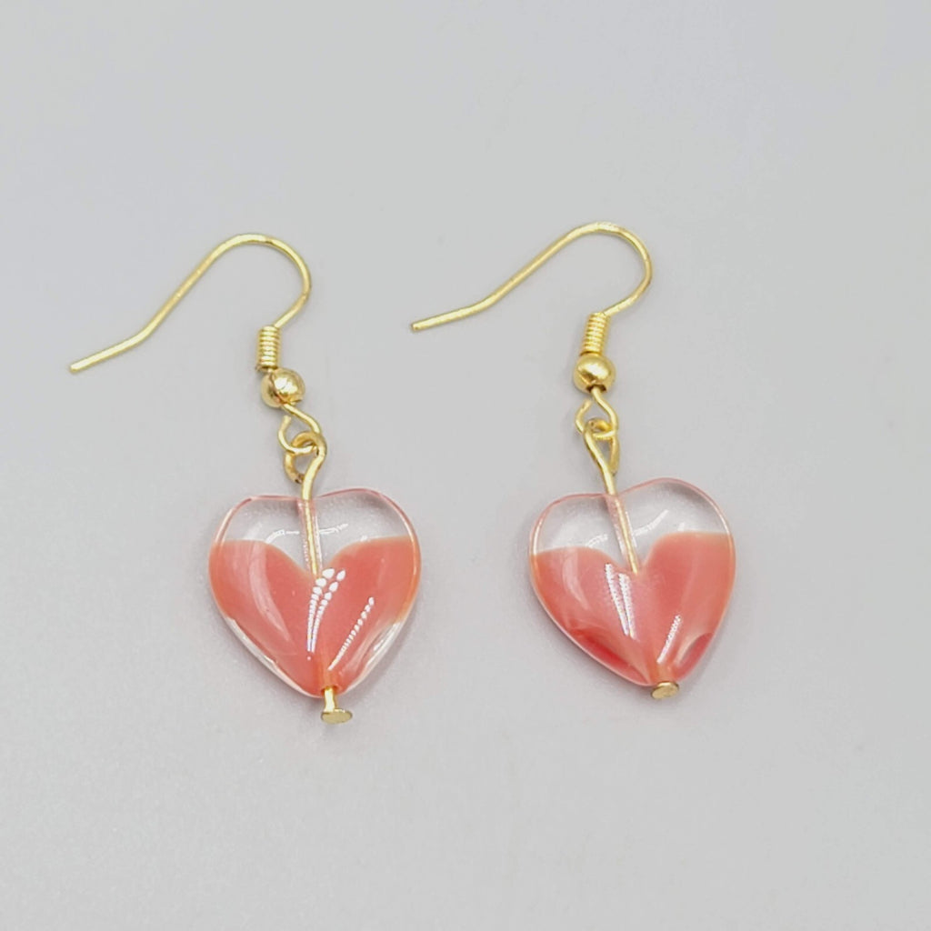 Glass Heart Bead Pierced Earrings Gold tone Dangle 3/4"