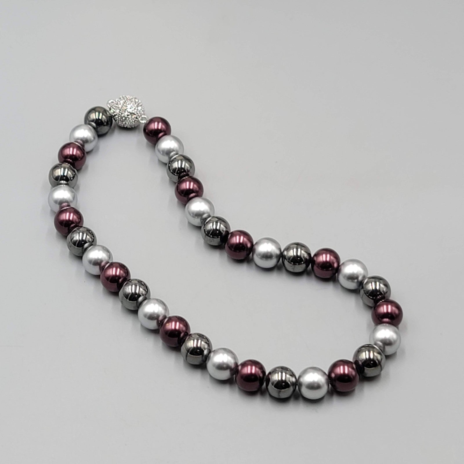 Large Bead Necklace Purple Gray Black Rhinestone Magnet Closure 16"