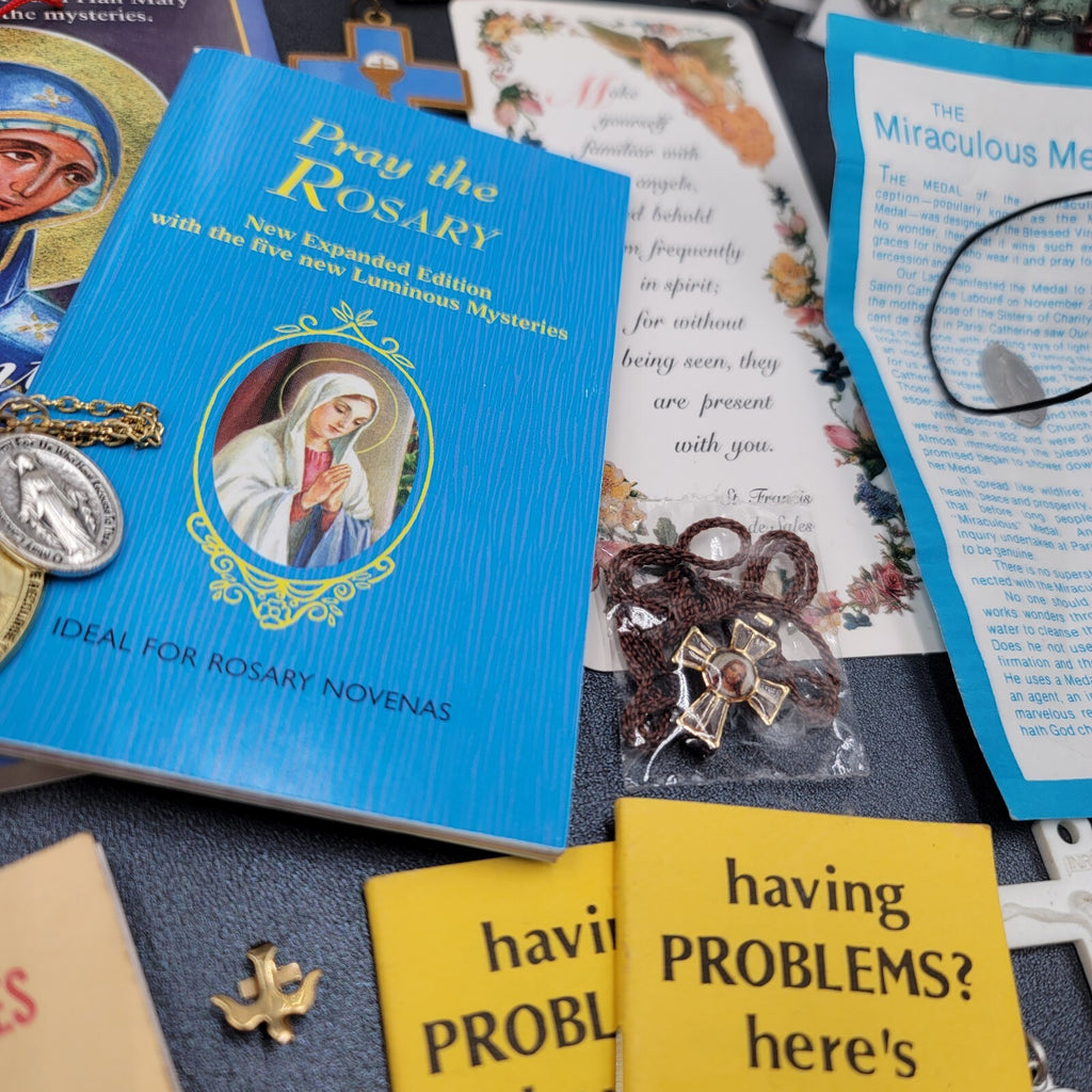 Vintage Religious Booklets Large Lot Rosaries Medals Bracelets etc