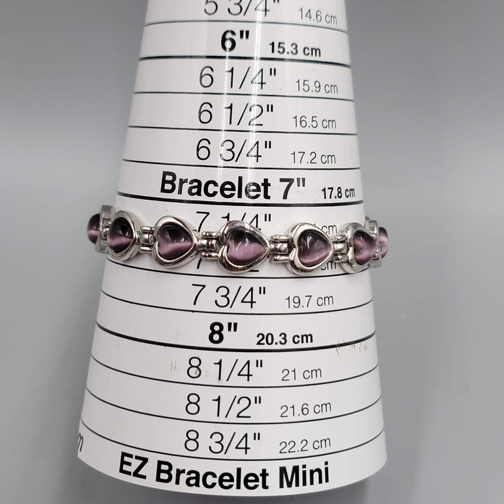 Purple Cats Eye Heart Bracelet Silver tone 7.25 in