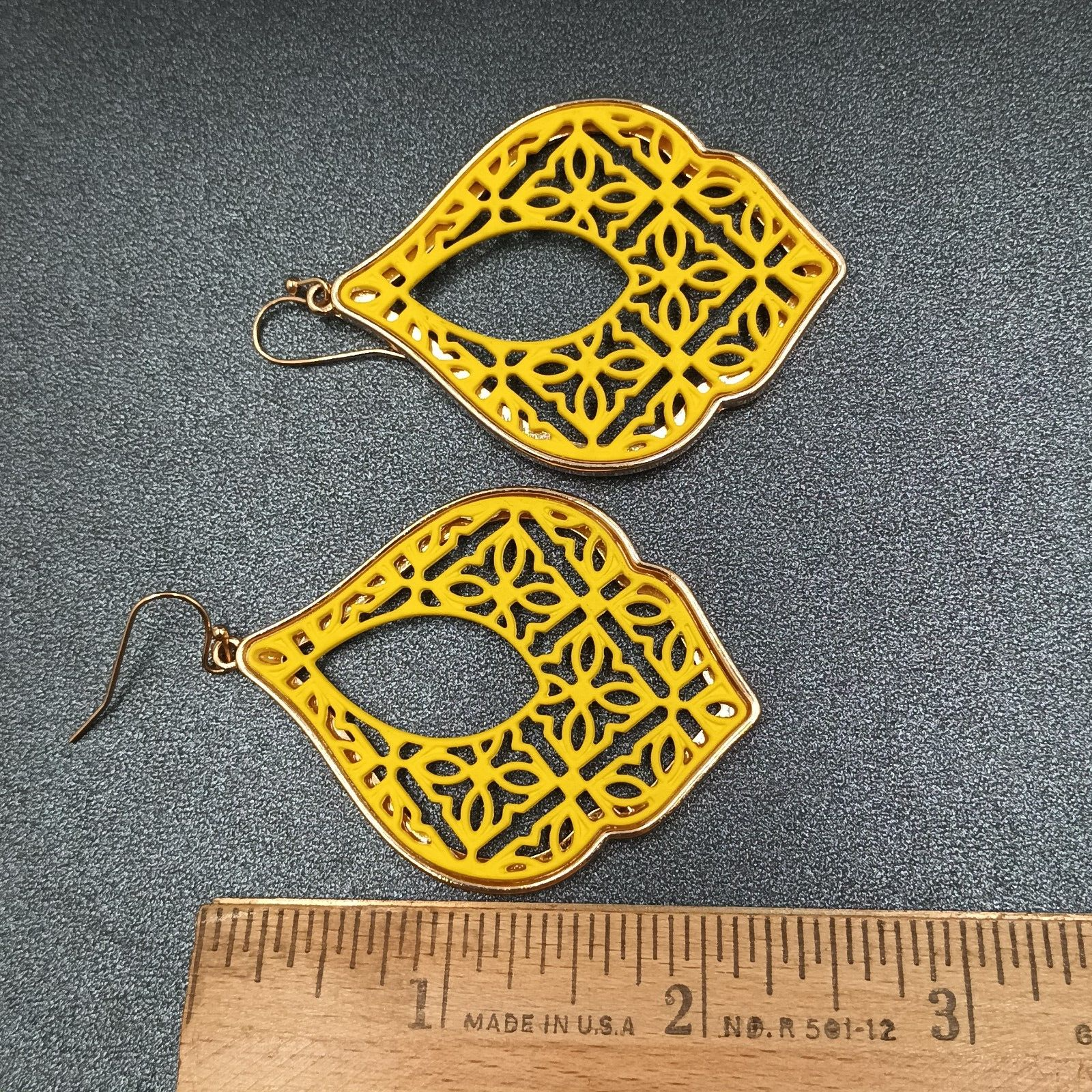 Pierced Earrings Gold tone Yellow Open work Statement Dangle 2 3/8"