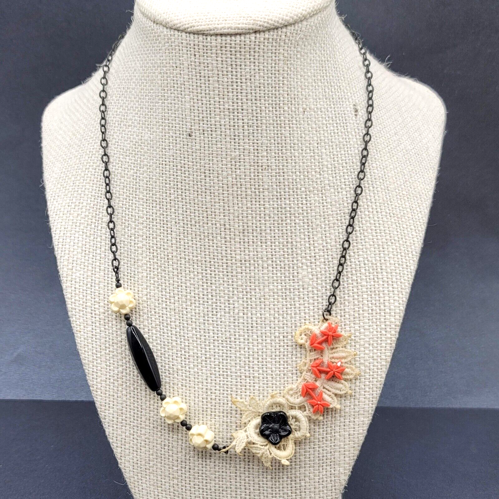 Alexandra Francois Lace Necklace Black Chain Signed French Designer 18"-21"