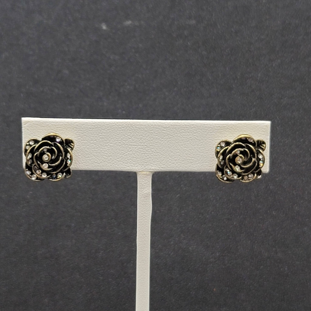Pierced Earrings Antiqued Gold tone AB Crystal Flower Rose Studs 1/2"