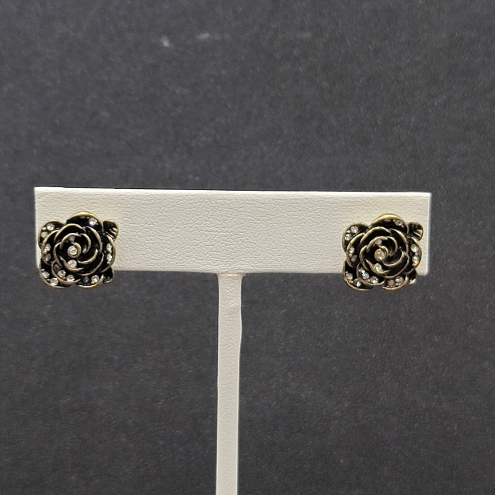 Pierced Earrings Antiqued Gold tone AB Crystal Flower Rose Studs 1/2"