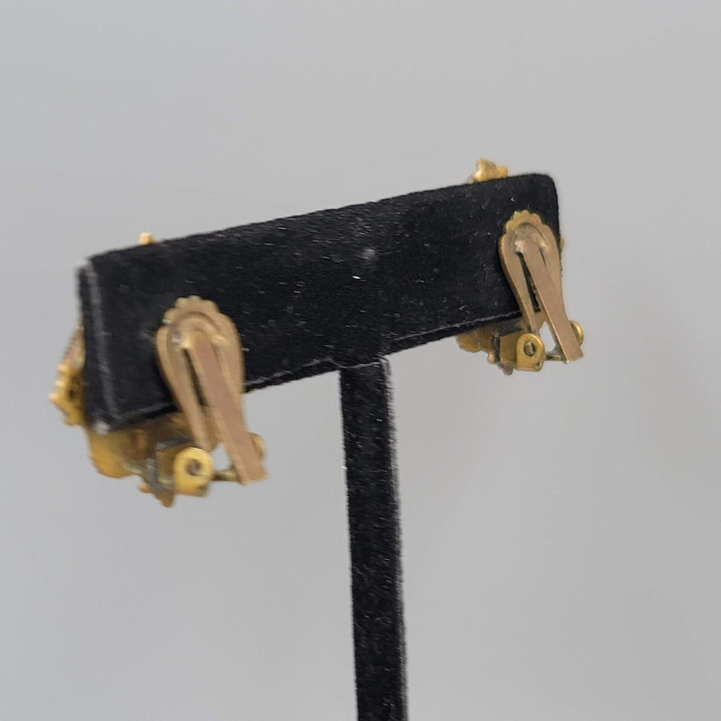 Antique Vintage Flower Enamel Clip on Earrings Brass Gold tone Square 7/8"