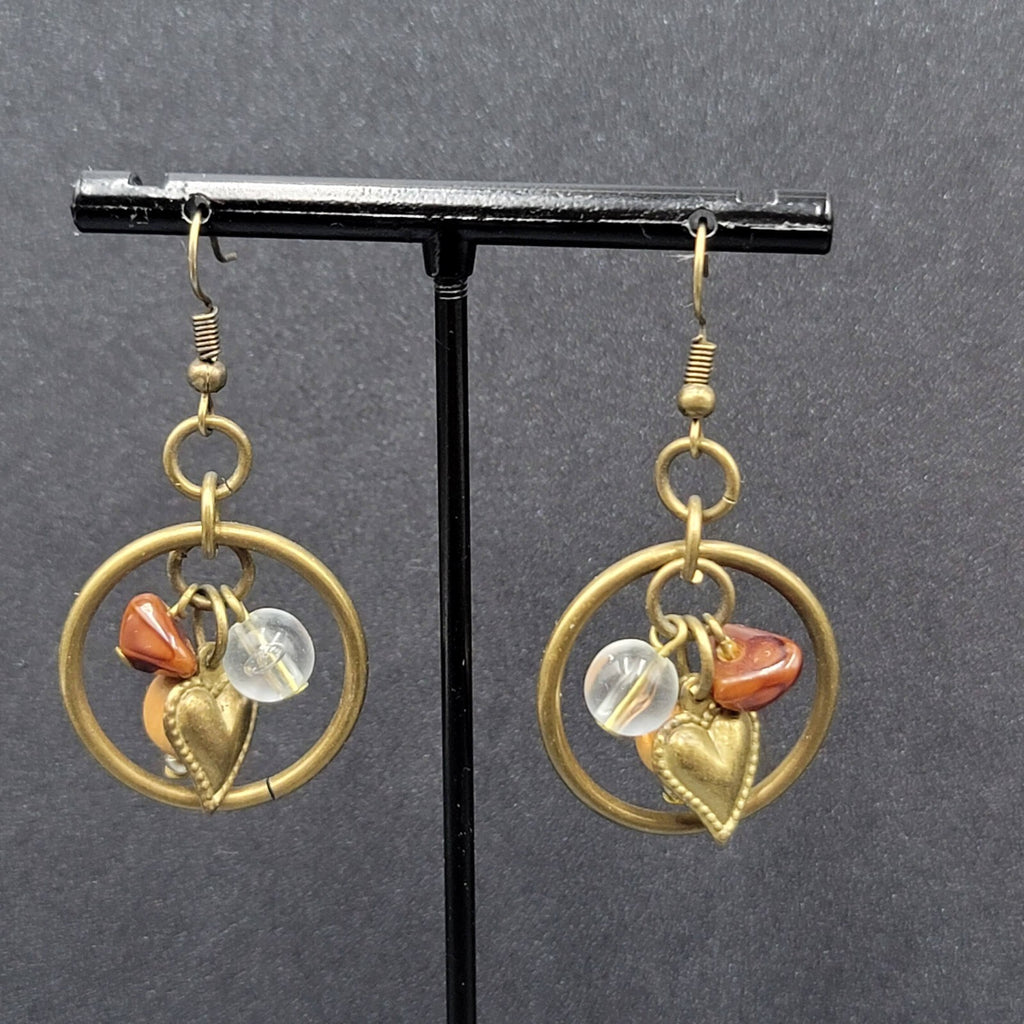 Pierced Earrings Bronze tone Heart Beaded Dangle 1"