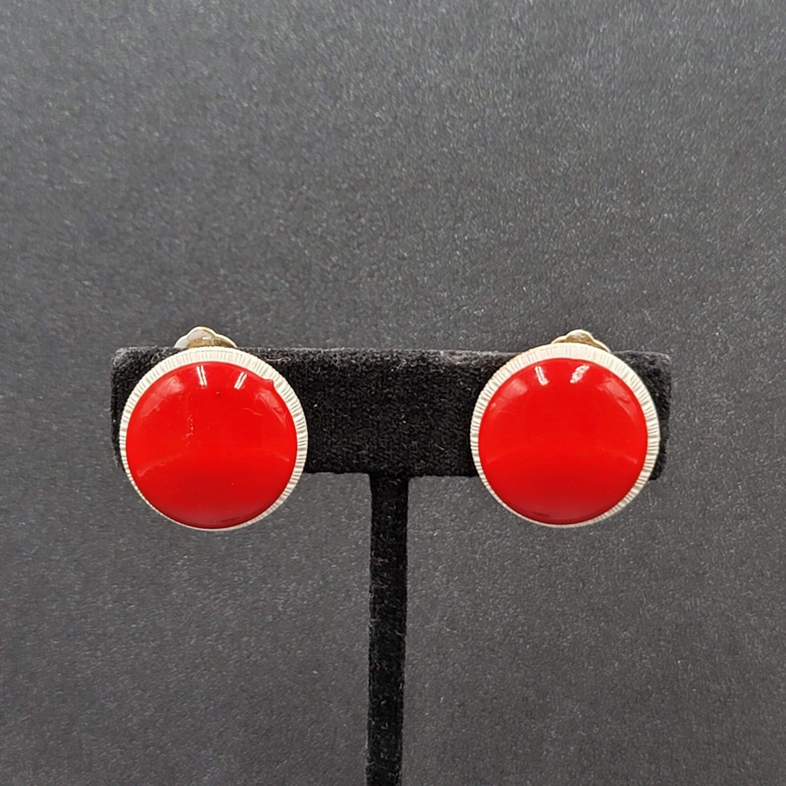 Vintage Clip on Earrings Gold tone Red White Dome Round Studs Hong Kong 7/8"