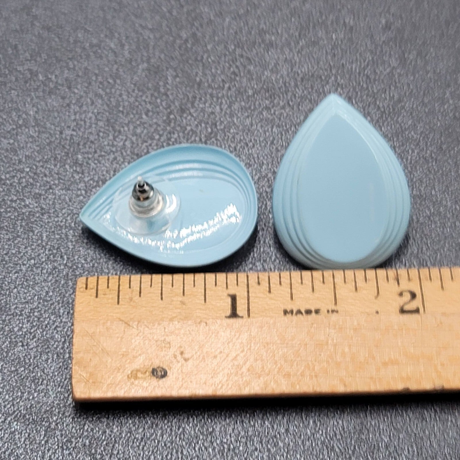 Vintage Pierced Earrings Blue Enamel over Metal Teardrop 1"