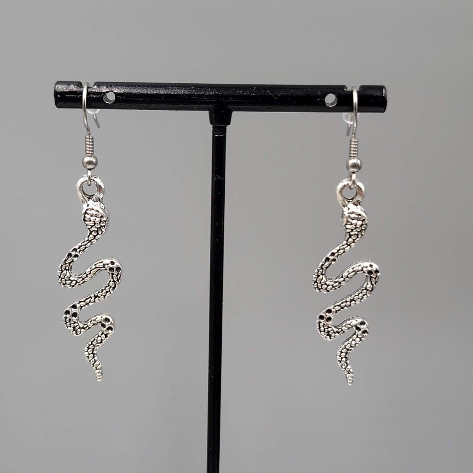 Snake Pierced Earrings Silver tone Embossed Dangle 1.5"
