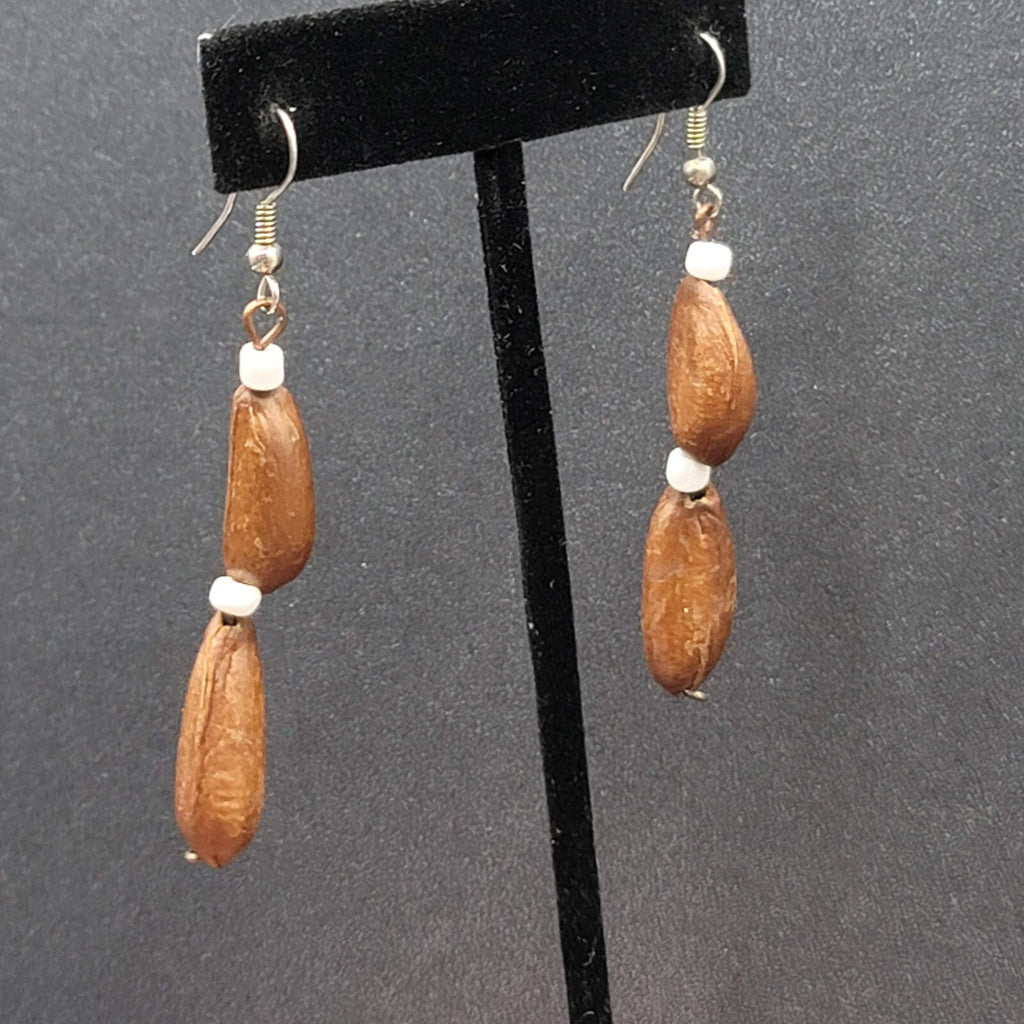 Vintage Pierced Earrings Silver tone Large Brown Seed Beads Long Dangle 2"