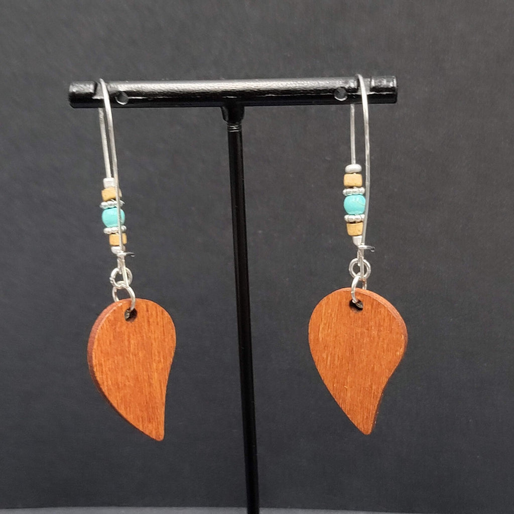 New Boho Pierced Earrings Long Hook Wood Leaf Beaded Dangle 2.75"