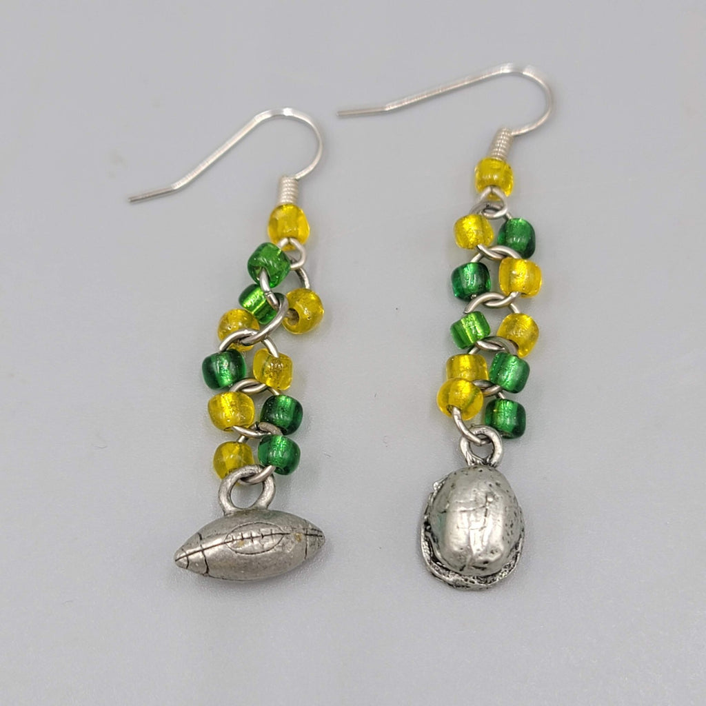 Football Charm Pierced Earrings Green Yellow Bead Dangle 1.5"
