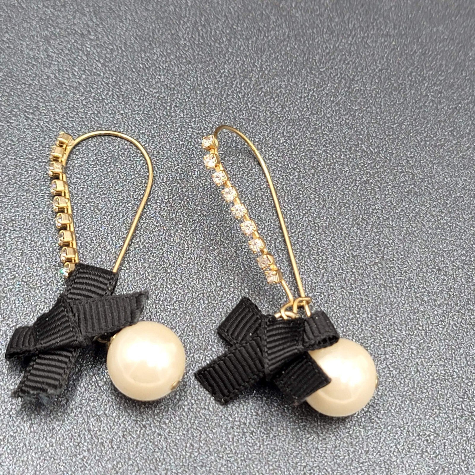 Pierced Earrings Gold tone Rhinestone Faux Pearl Black Grosgrain Ribbon Bow 2"