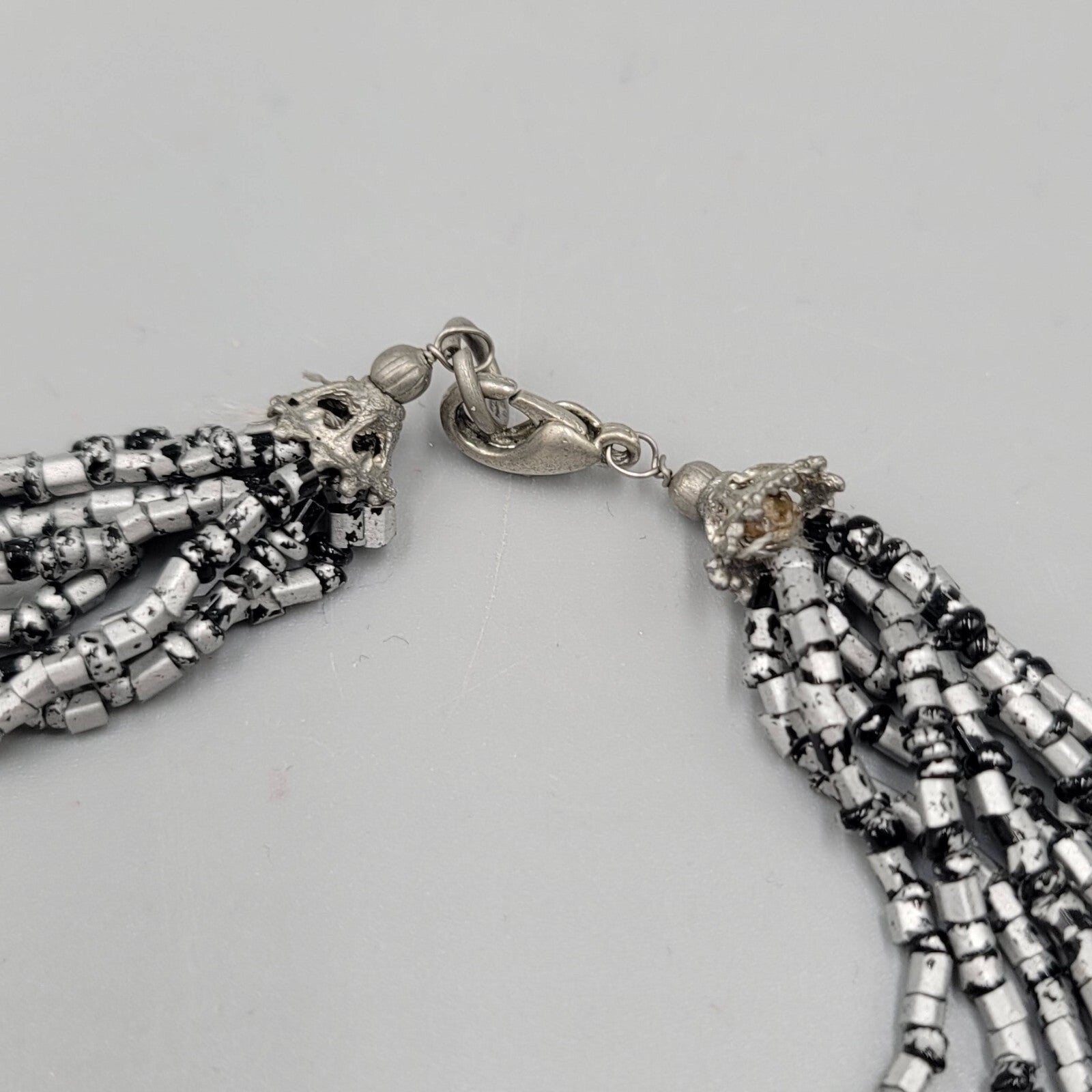 Multi Strand Bead Necklace Gray Silver Black Seed Bead 8 Strand LONG 36"