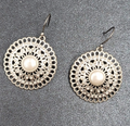 Pierced Earrings Silver tone Faux Pearl Open Work Medallion Dangle 1"