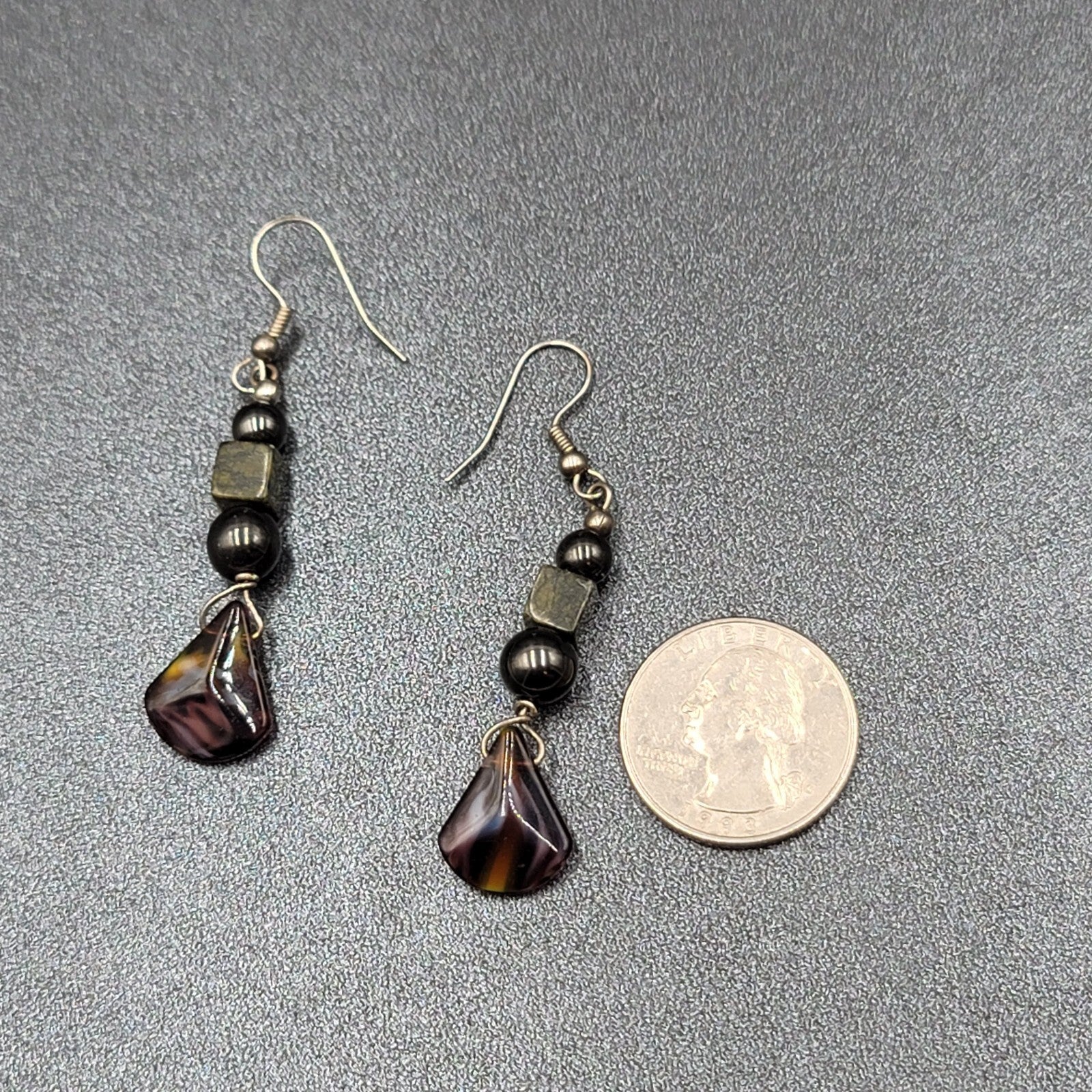Vintage Pierced Earrings Magnetic Hematite Green Stone Beaded Dangle 1.75"