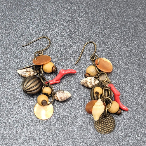 Charm Pierced Earrings Bronze tone Seashells Beads 2"