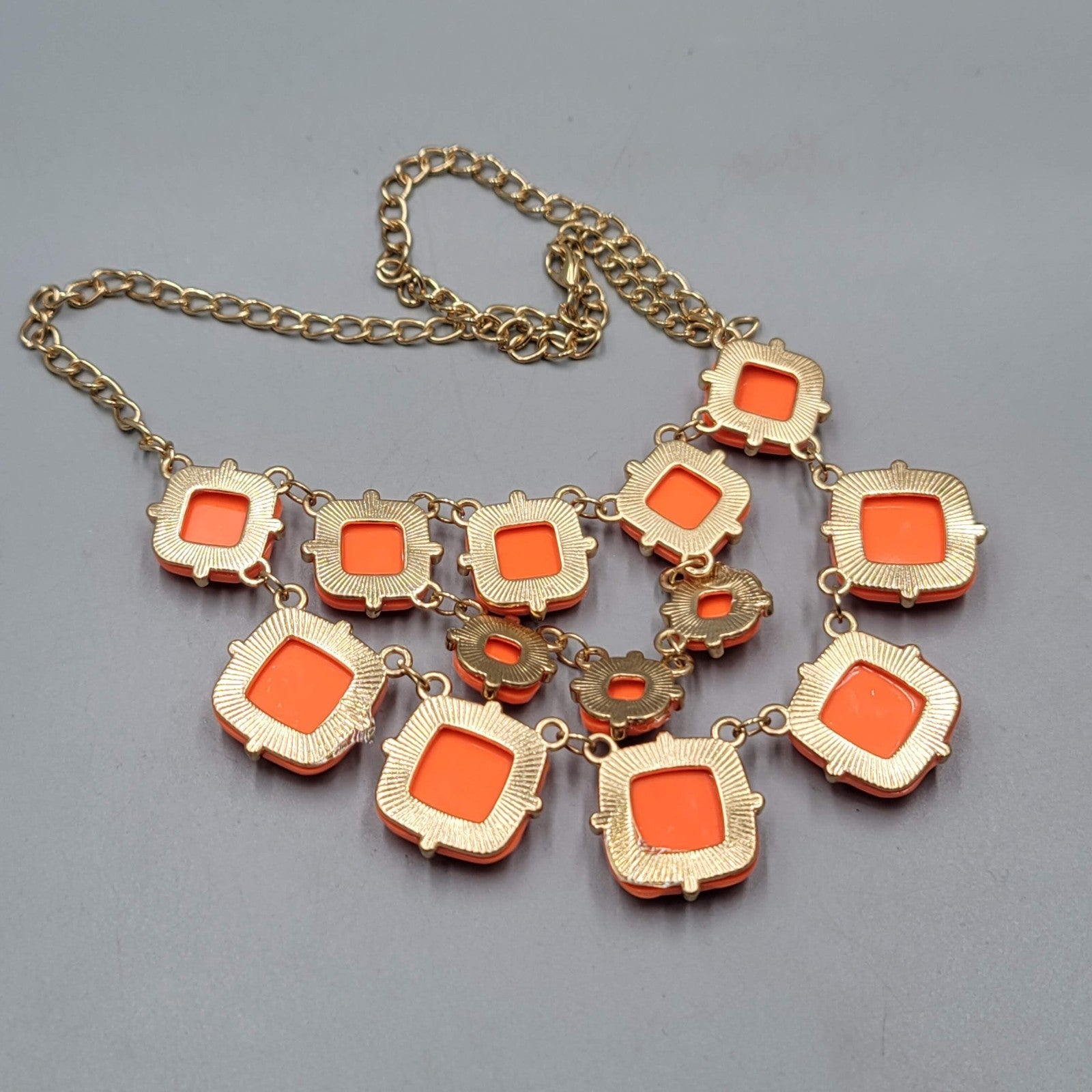 Orange Acrylic Bib Necklace Gold tone 16"-18"