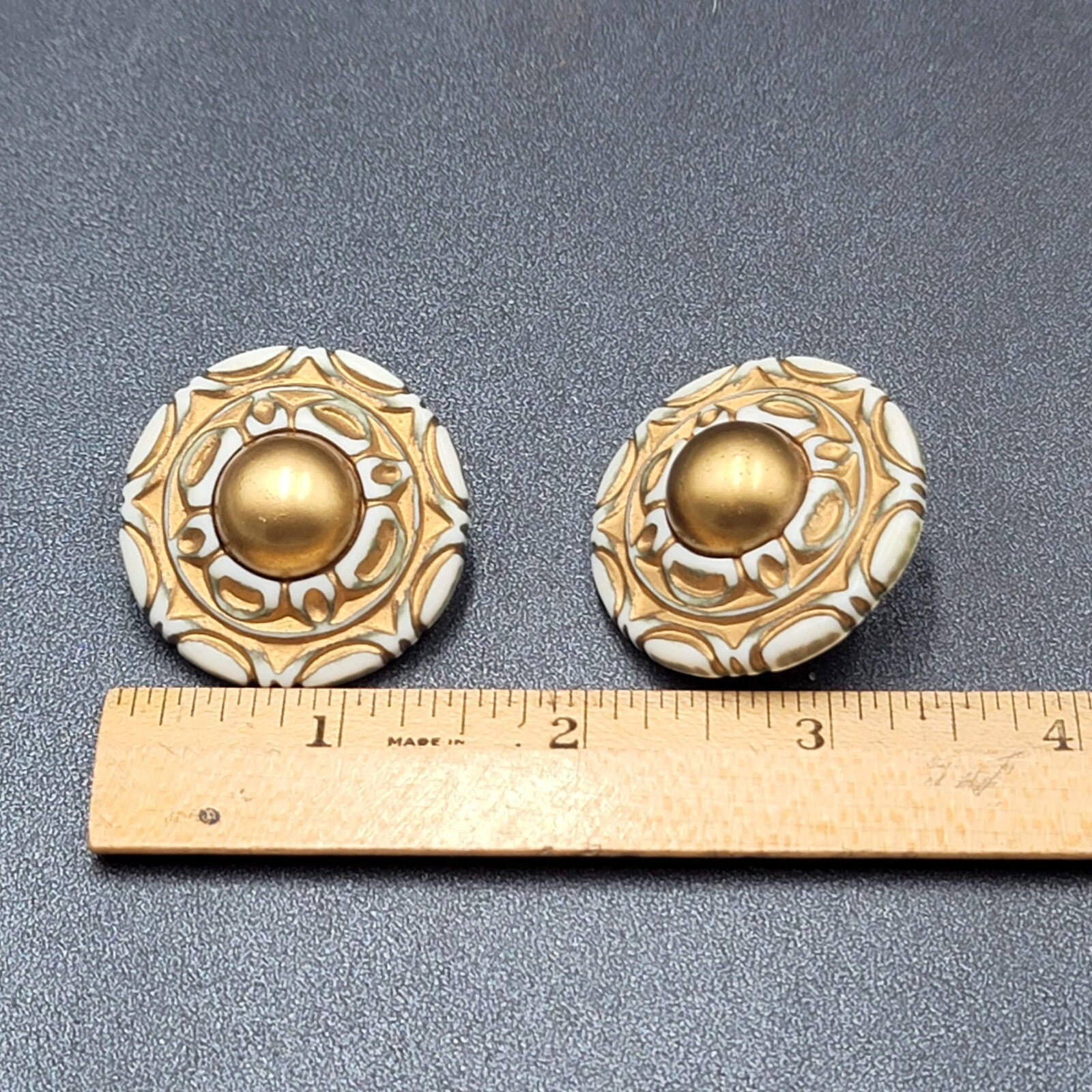 Vintage Pierced Earrings Large Statement Engraved Green Gold White Acrylic  1.5"