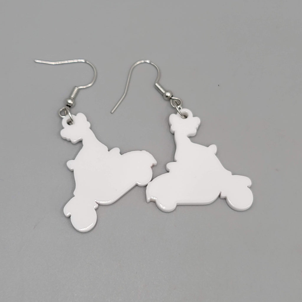 Lizard on a Scooter Pierced Earrings Silver tone Dangle  1.25 in