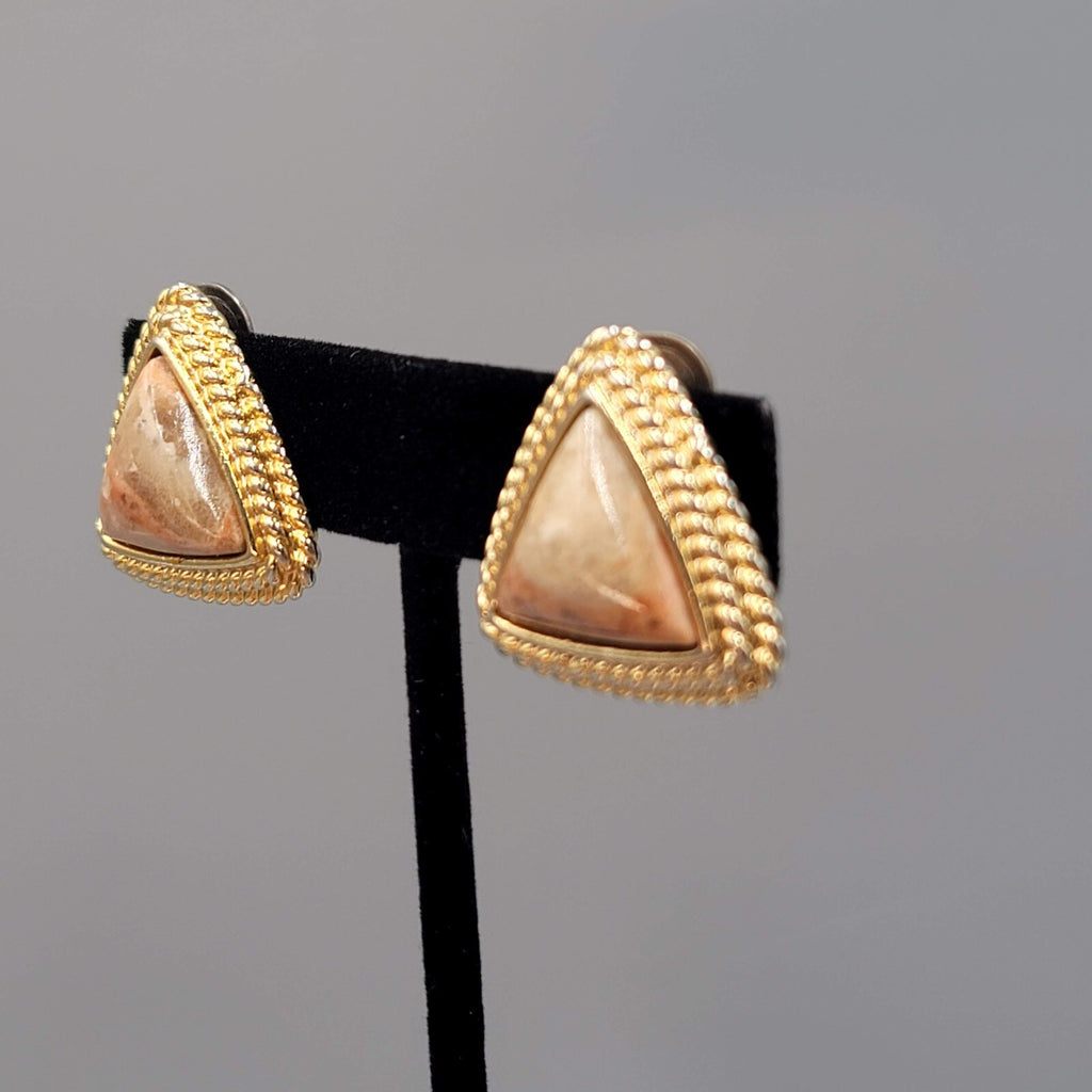Vintage Triangle Clip on Earrings Gold tone Imitation Stone Center 7/8"