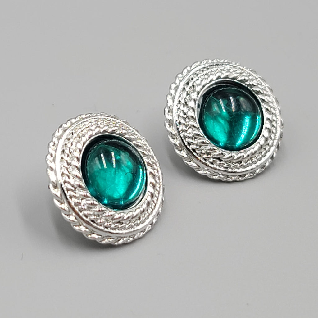 Vintage Pierced Earrings Silver tone Green Moon glow Cabochon 7/8"