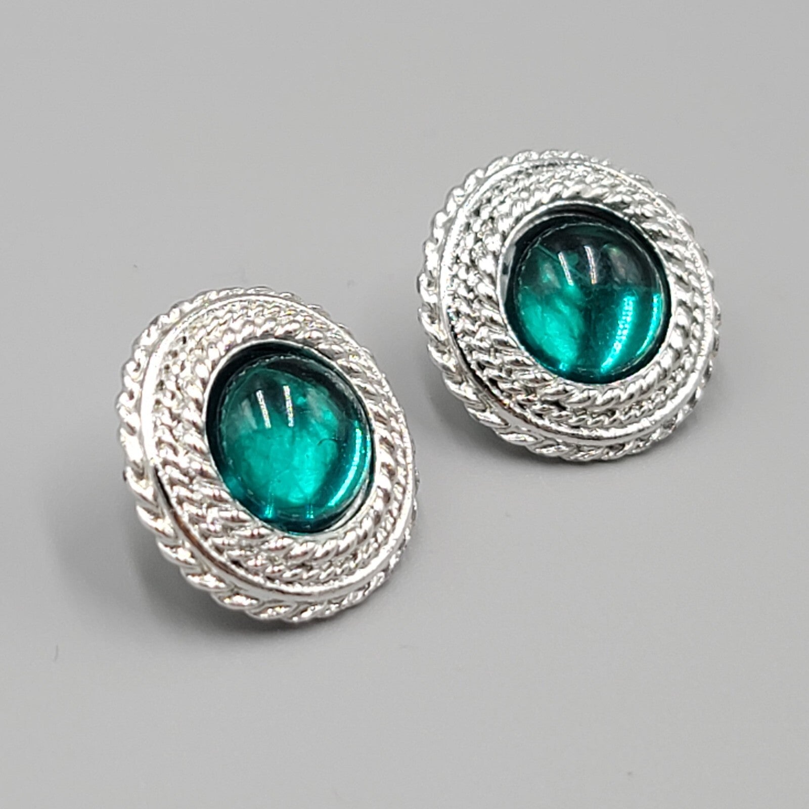 Vintage Pierced Earrings Silver tone Green Moon glow Cabochon 7/8"