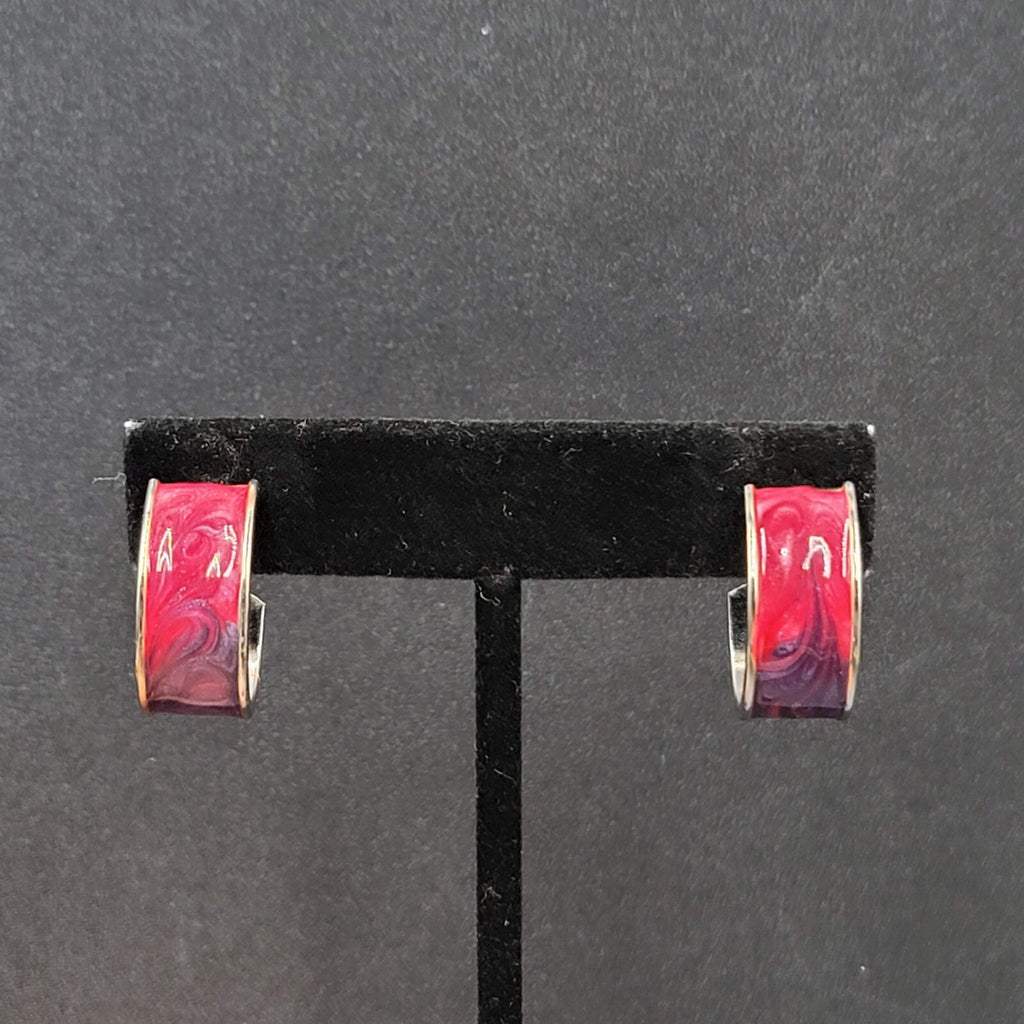 Vintage Pierced Earrings Silver tone Pink Purple Enamel Wide Hoops 3/4"