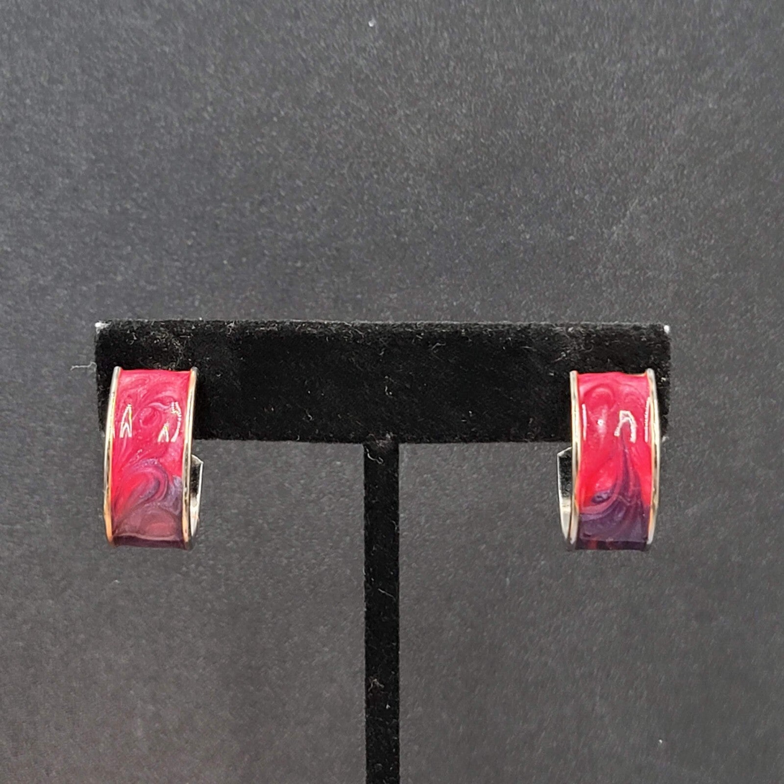 Vintage Pierced Earrings Silver tone Pink Purple Enamel Wide Hoops 3/4"