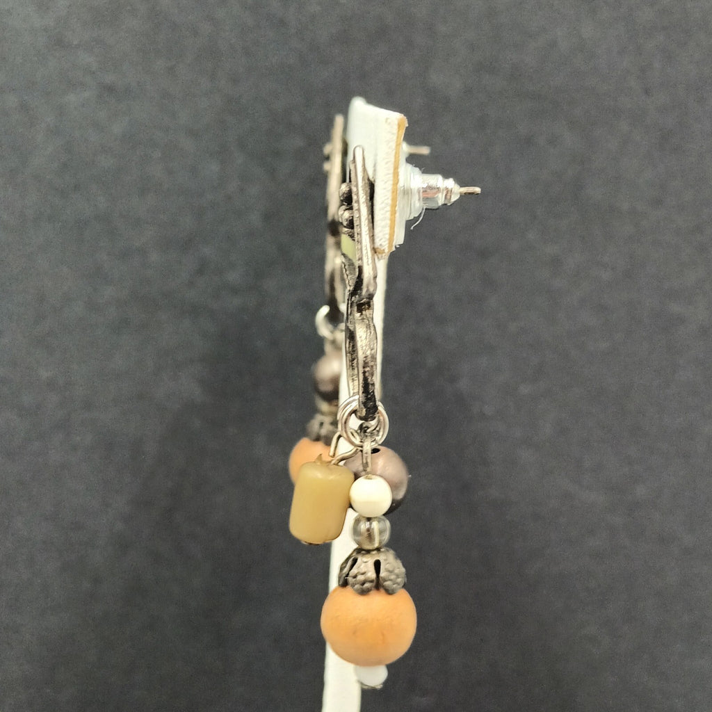 Boho Pierced Earrings Silver tone Wood Bead Dangle 2.25"
