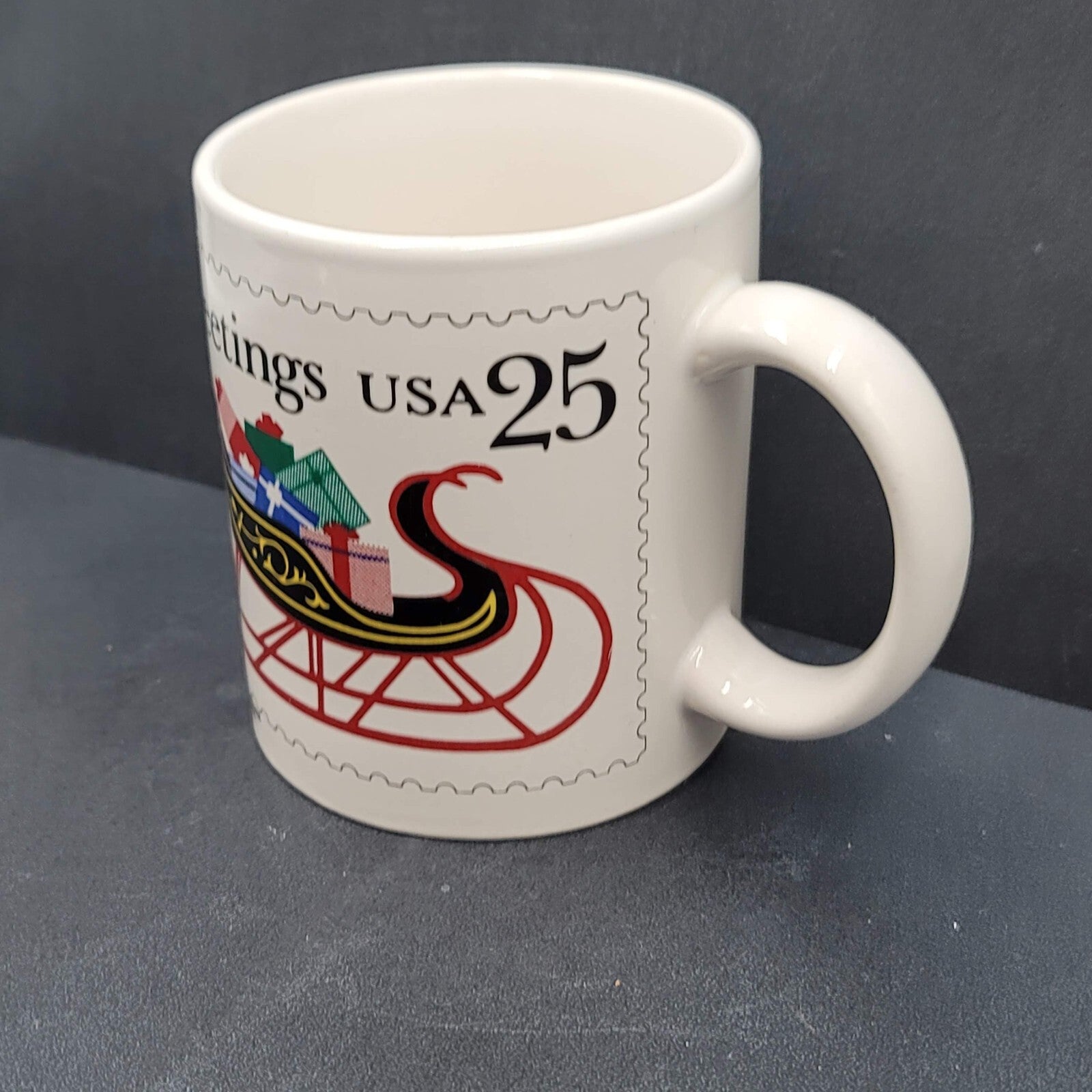 US Postal Service USPS Postage Stamp Coffee Mug Christmas Sleigh Greetings 1989