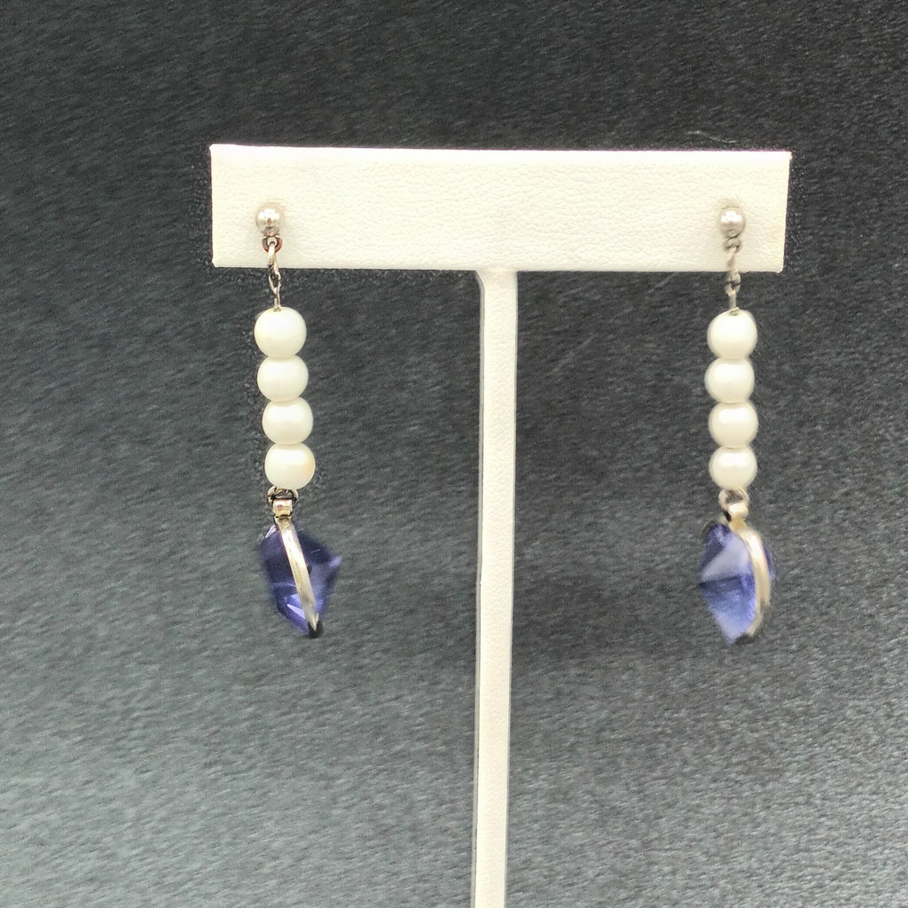 Vintage Pierced Earrings Purple Acrylic Heart Beaded Dangle 2"