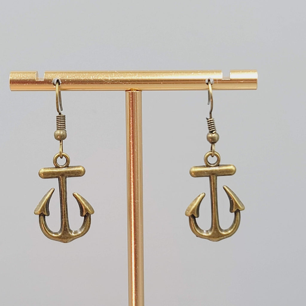 Boat Anchor Nautical Pierced Earrings Bronze tone Dangle 7/8"