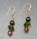 Pierced Earrings Gold tone Black Green Brown Crystal Bead Dangle 1"