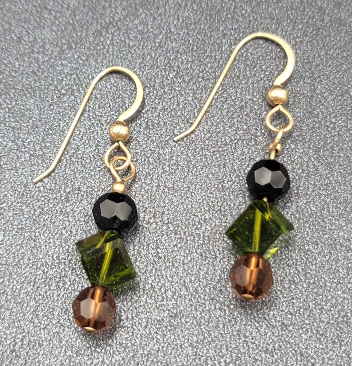 Pierced Earrings Gold tone Black Green Brown Crystal Bead Dangle 1"