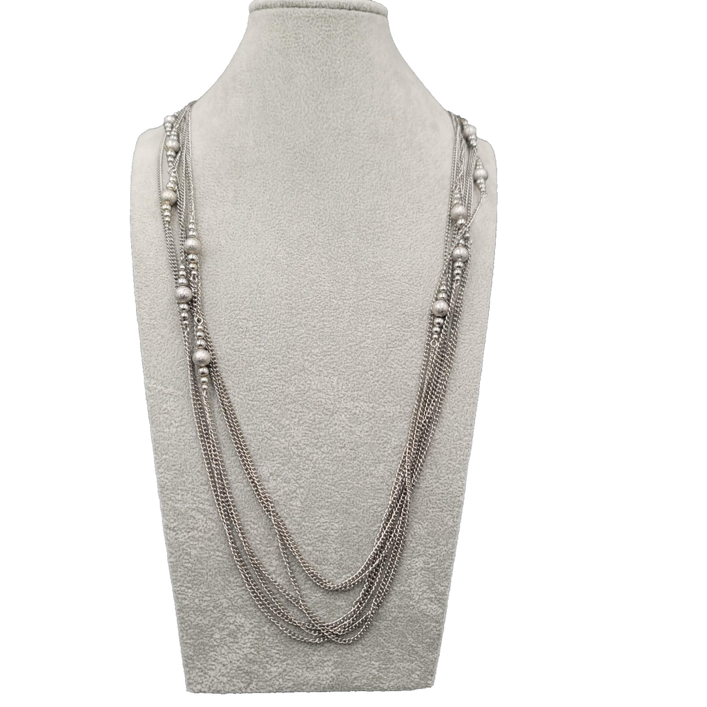 Multi Chain Silver tone Bead Necklace Extra Long 36"